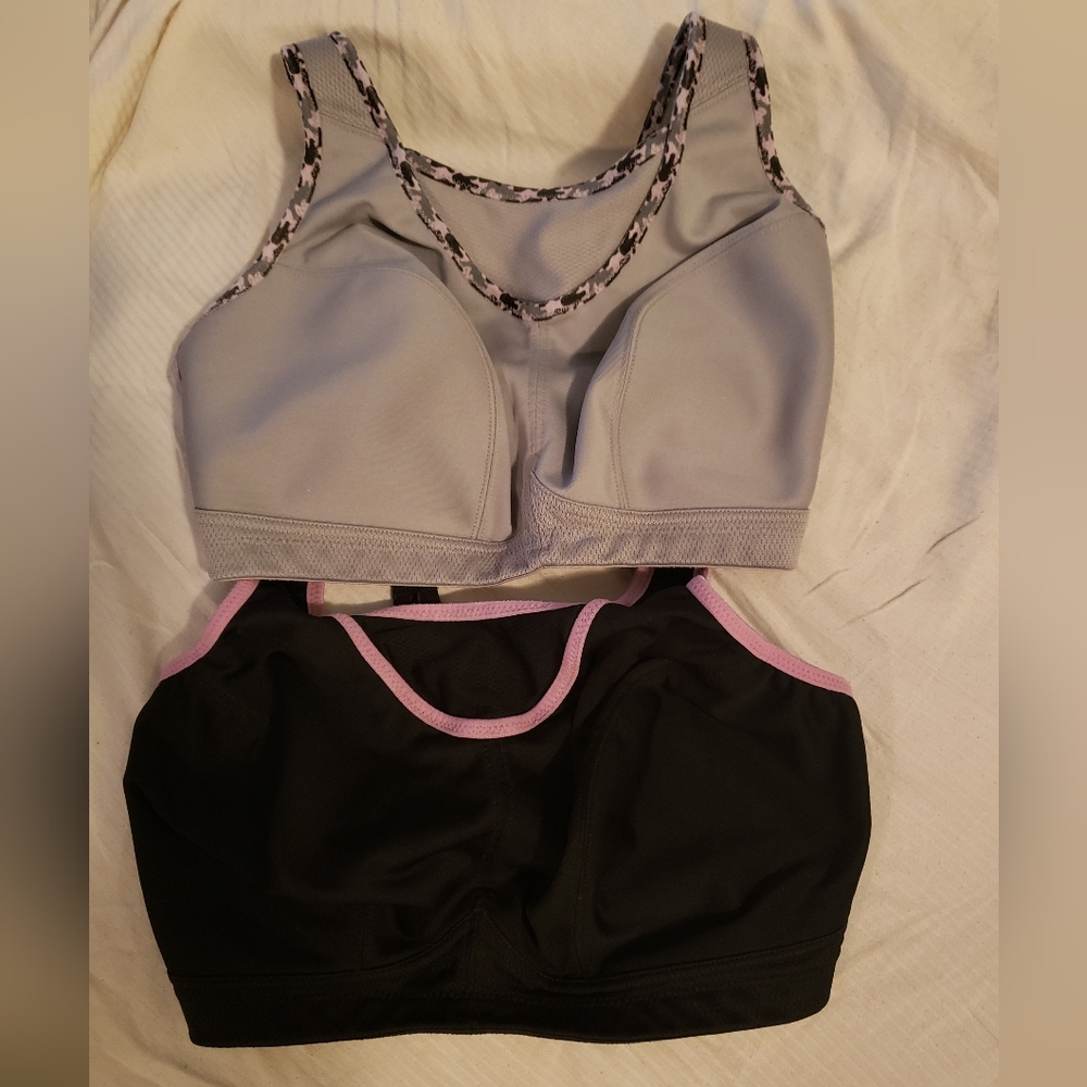 (2) Glamorise Wireless Gray & Black Sports Bras; Pink Trim Women Size 36G -DDDD
